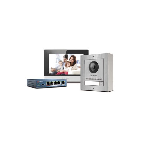 Hikvision DS-KIS602 IP-video-intercomkit voor villa of huis, één belknop. RVS afwerking van het deurstation.